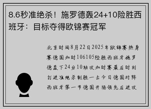 8.6秒准绝杀！施罗德轰24+10险胜西班牙：目标夺得欧锦赛冠军